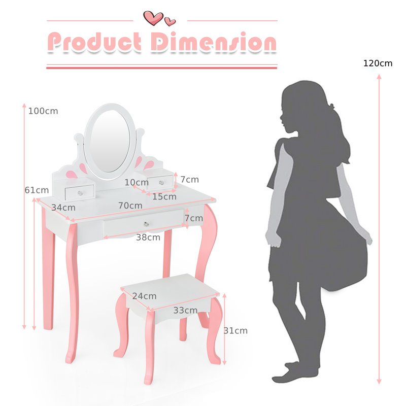 Taren Dressing Table with Mirror, Pink/White
