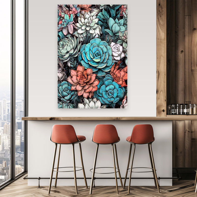 Bleu sarcelle et corail, H 60 po x l 40 po