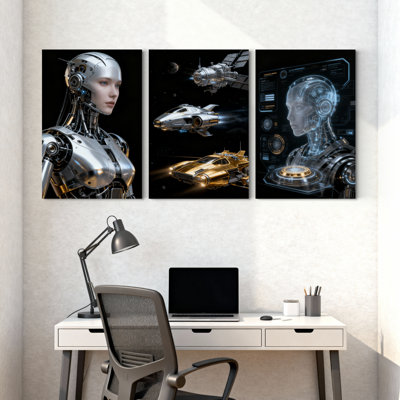 Abstract Futuristic Robot Spacecraft Interface Design Set of 3 Canvas Wall Art Prints