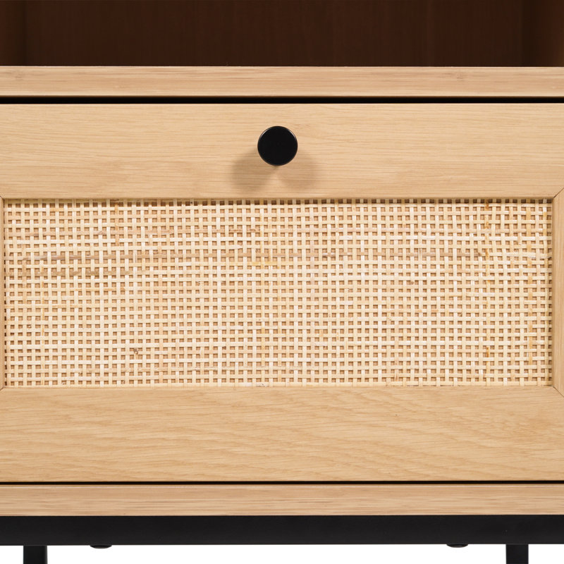 Mid-Century Modern Nightstands or End Tables with Rattan Accented Drawers, Natural Wood