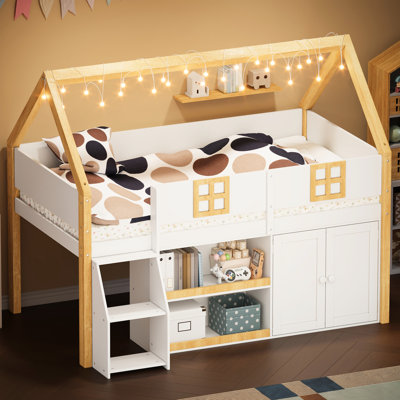 Lit mezzanine simple simple avec escalier à marche, étagères et lumières à DEL, bois naturel blanc, pratique pour les armoires de rangement pour adolescents, éclairage naturel, amplement d'espace de sommeil sécuritaire