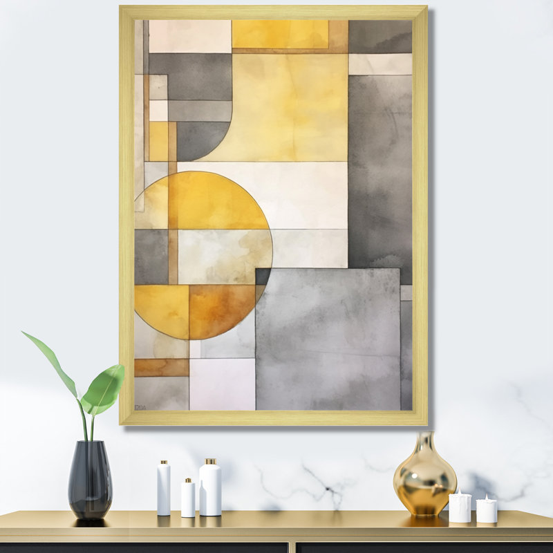«Yellow and Gray Intersecting Realities I - Abstract Shapes», art mural encadré, Cadre doré à une seule photo