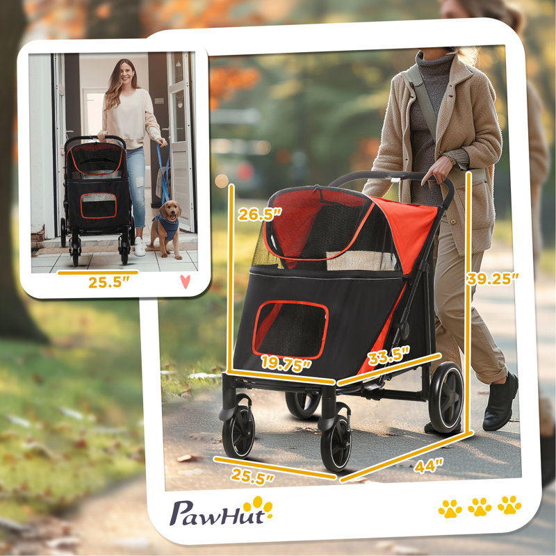 Poussette pour chien, poussette pliable pour animal de compagnie en un clic, roues à absorption des chocs, rouge