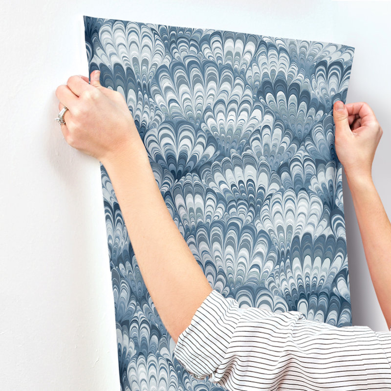 Octavia Dark Green Marbled Ink Wallpaper, Blue