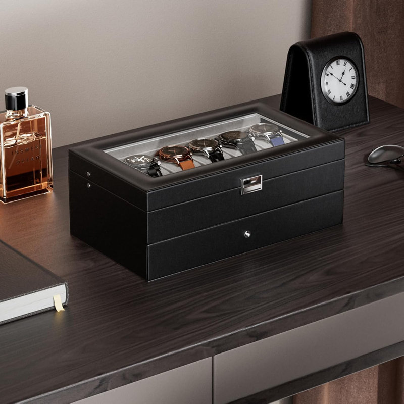 12-Slot Men's Watch Box with Drawer, Black