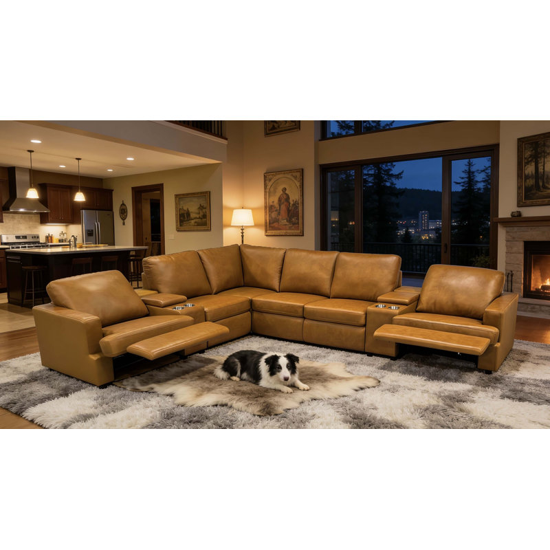Nangonpraiton Leather Match Power Recline Sectional, Ginger Leather Match