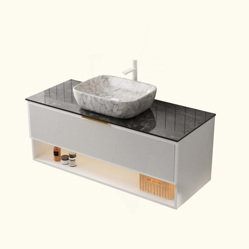 Meuble-lavabo de salle de bain avec lavabo, armoire de rangement en contreplaqué flottant, 2 tiroirs et tablette à rayures fines, capteur de lumière, vasque en céramique à motif marbré et plateau en pierre frittée, pré-assemblé