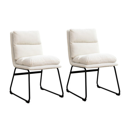2 Contemporary Upholstered Dining Chairs In Vanilla White - Comfortable Foam And Elegant Sled Base For Reading Area Faux Leather Cover Stable Metal Construction