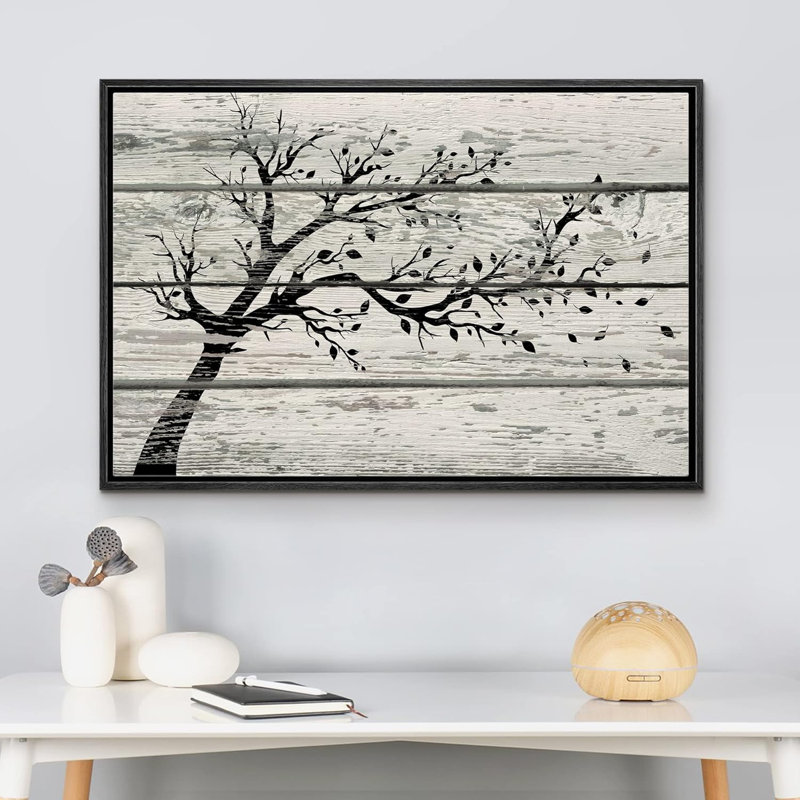 Arbre avec feuilles en noir et blanc sur fond effet bois rétro, impression sur toile rustique, H 16 po x l 24 po