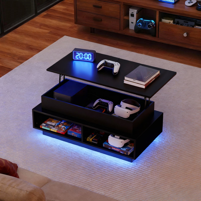 40'' Rectangular Lift Top Coffee Table With Rgb Led, Hidden & 4 Open Storage, Black