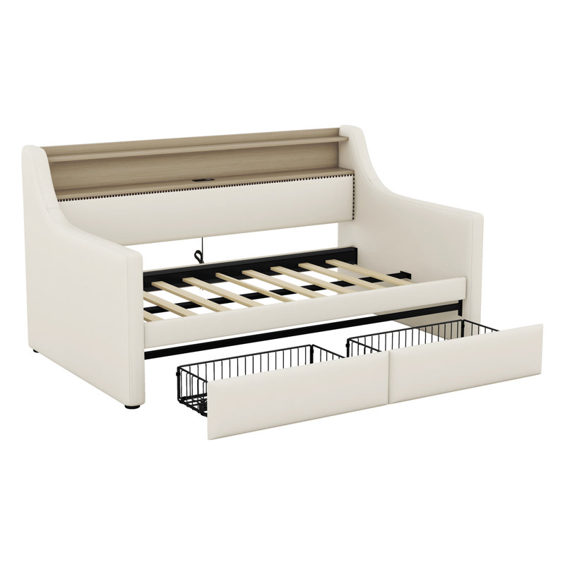 Denesa Daybed With Storage Drawers, Upholstered Daybed With Charging Station And LED Lights, Beige, Full/Double