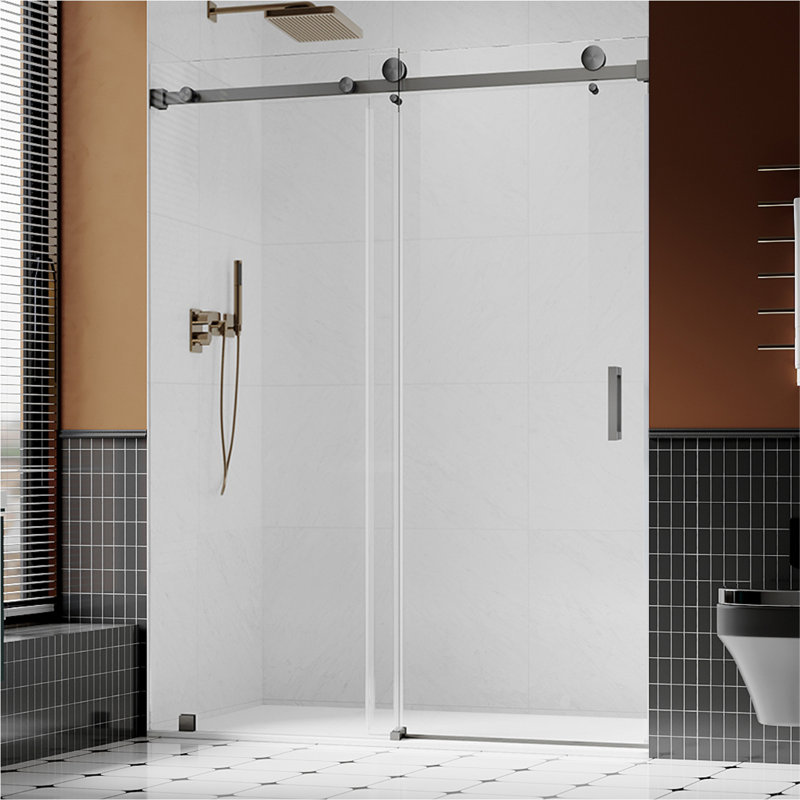 UKS05 56 in. to 60 in. x 66 in. H Frameless Sliding Shower Door in Space Gray with 3/8 in. (10mm) Clear Glass, Space Gray