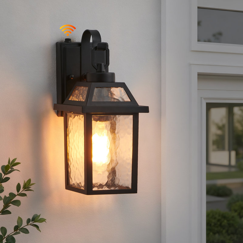 13.7” Black Wall Lantern with Dusk to Dawn Sensor and Textured Glass