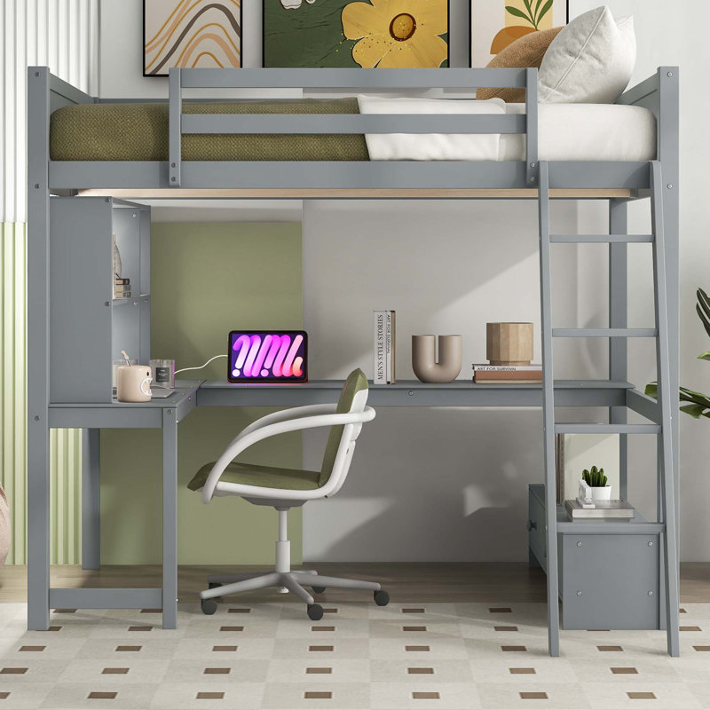Lit mezzanine double avec bureau multi-rangement en forme de L, lumière DEL et station de charge USB, banc de rangement avec 2 tiroirs