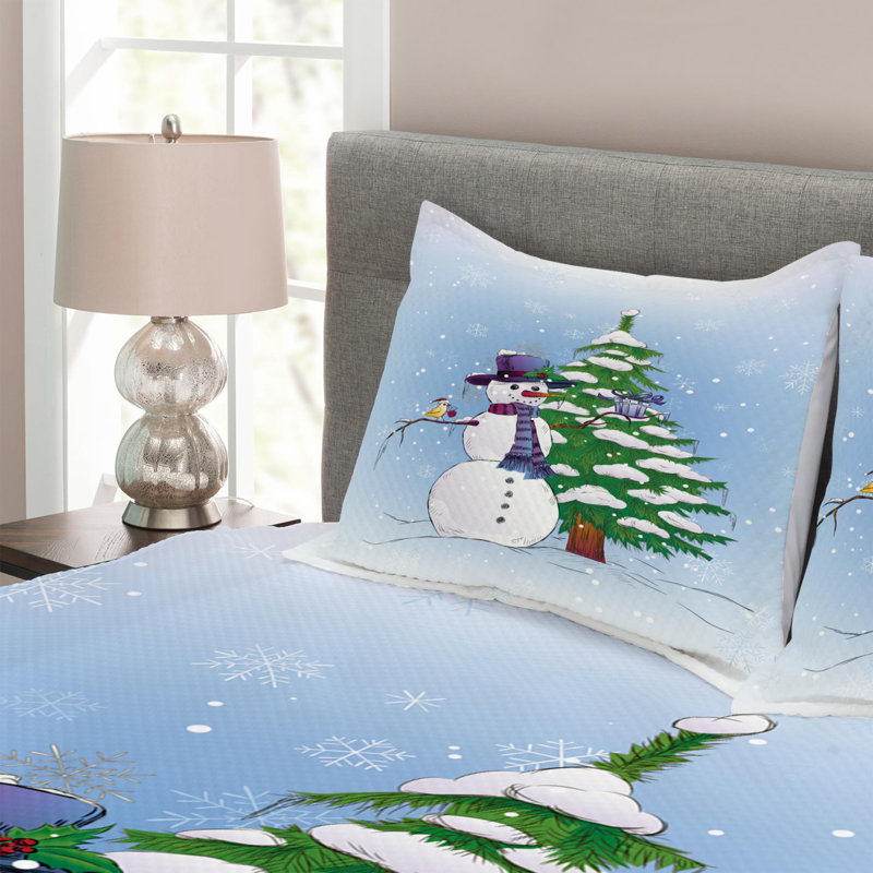 Blue Microfiber Queen Quilted Bedspread Set with Snowman Design