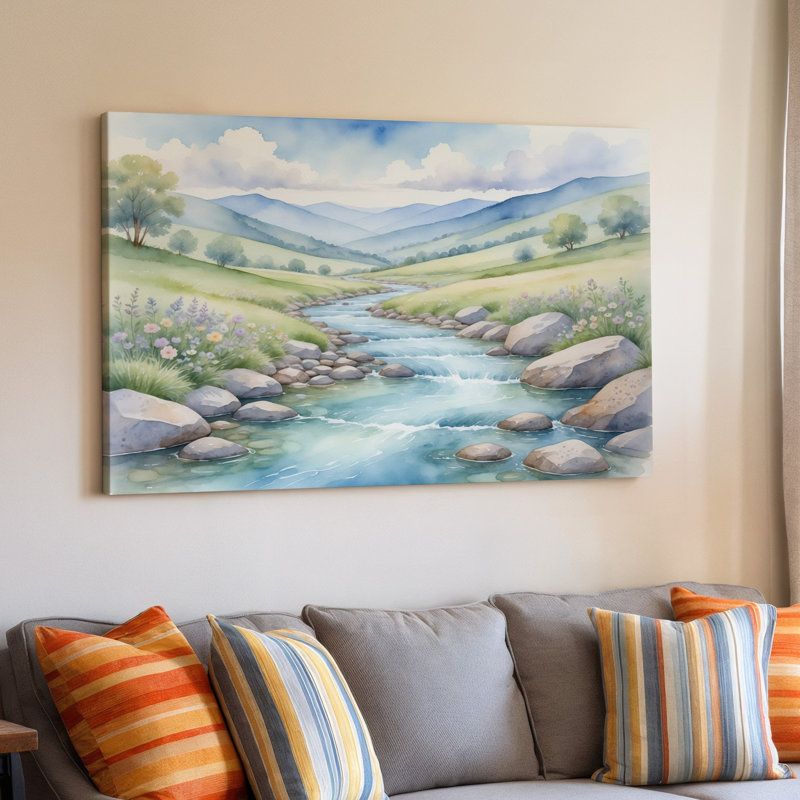 Reproduction d'art sur toile Tranquil River Landscape Nature Mountains with Flowers and Flowers, 18 x 24 in