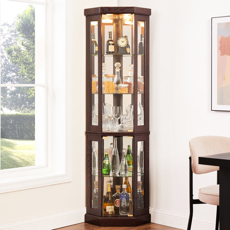 Armoire élégante en coin cerisier foncé - Présentoir de salon avec portes en verre et étagères réglables