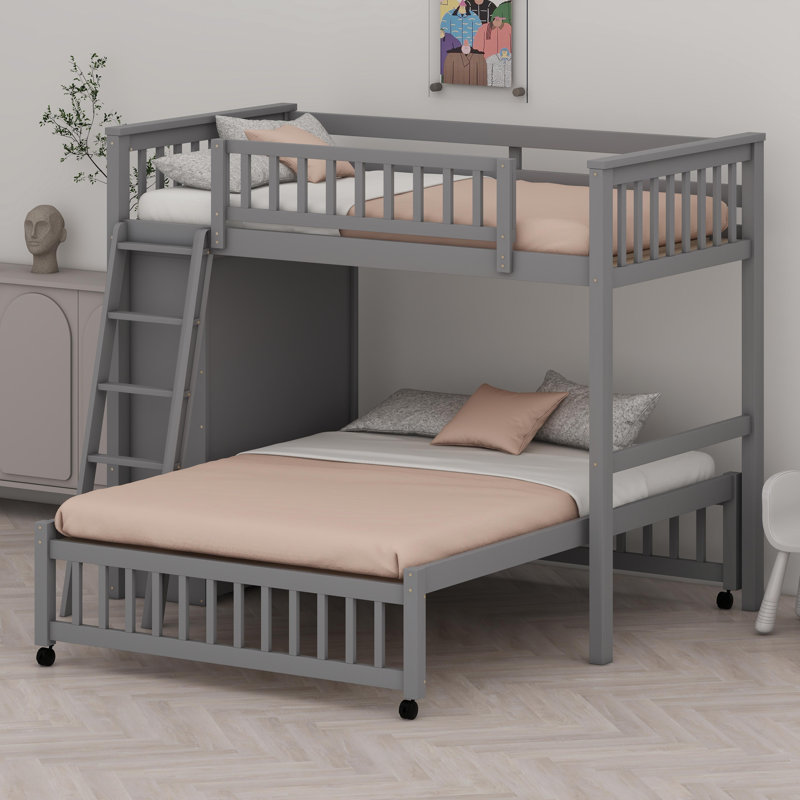 Lit superposé avec tiroirs et tablettes réglables, lit inférieur mobile sur roulettes, Gris