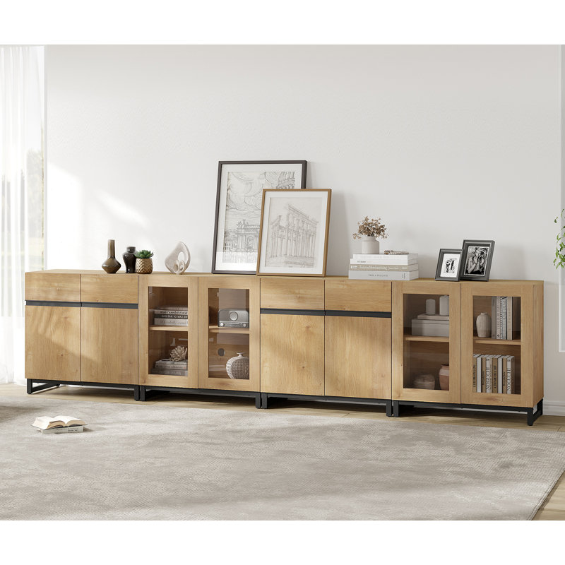 Modern Dresser With Adjustable Shelves, 4 In 1 Storage Cabinet With Glass Doors, Oak