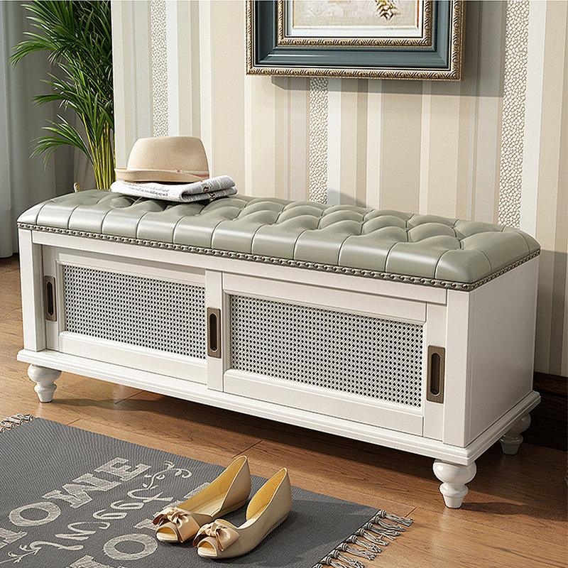 Banc en cuir et rotin tissé à la main