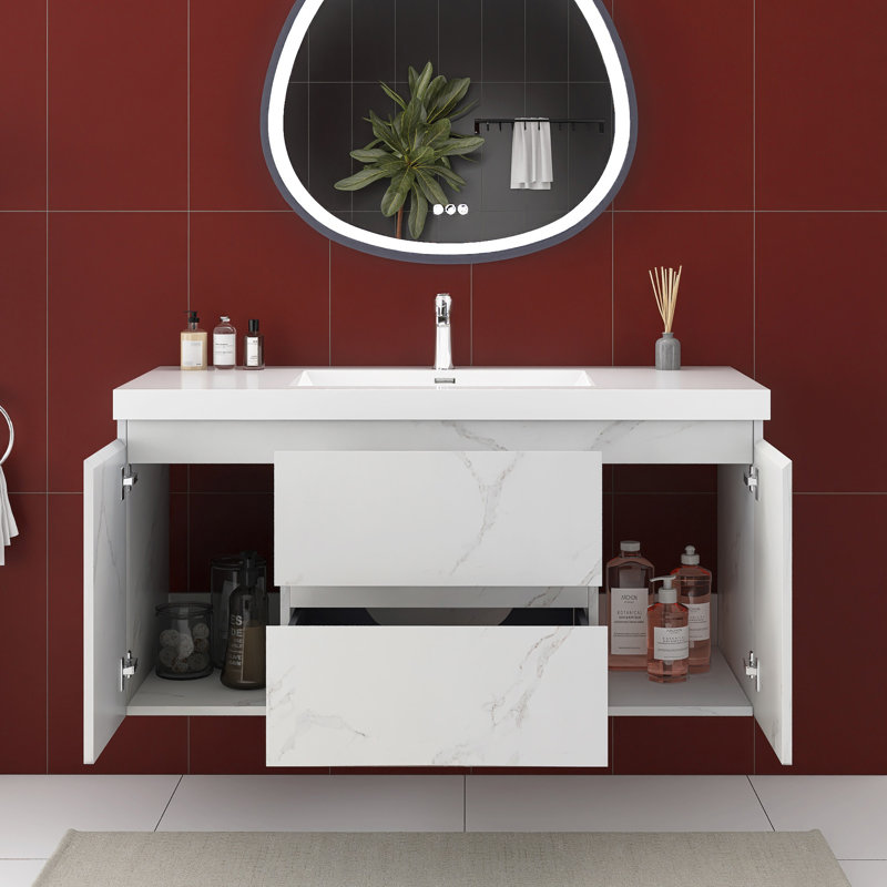 48 Inches Wall-Mounted Bathroom Vanity Set With Resin Integrated Top, Cararra