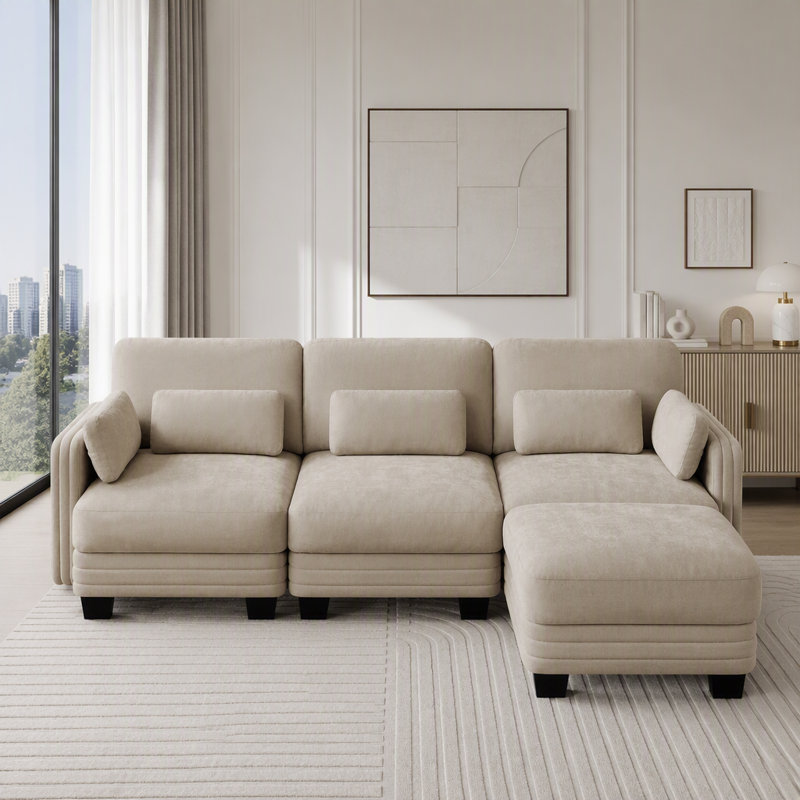 Canapé modulaire modulaire avec capitonnage et repose-pieds mobile, 3 places et 1 repose-pieds, Camel Chenille