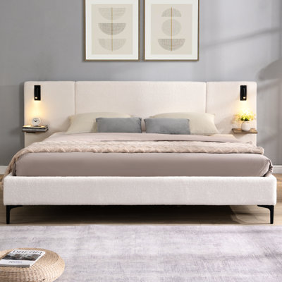 White Boucle Fabric Upholstered King Bed With Reading Lights And Shelving For Bedroom Storage Size Built - In Convenient Shelves