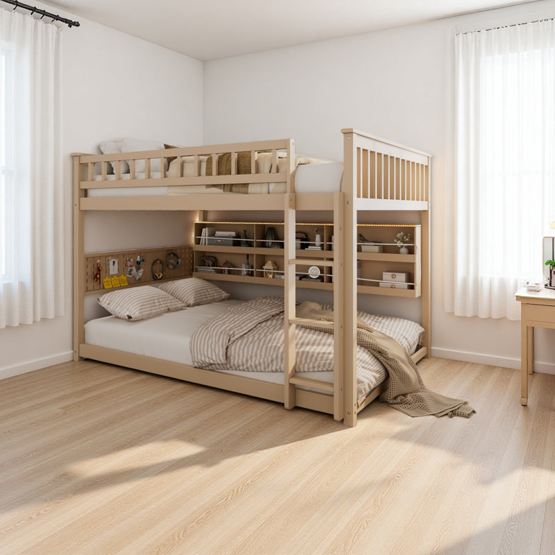 Full Over Full Bunk Bed With Integrated Shelving, Color-Changing Lights And Pegboard, Beige