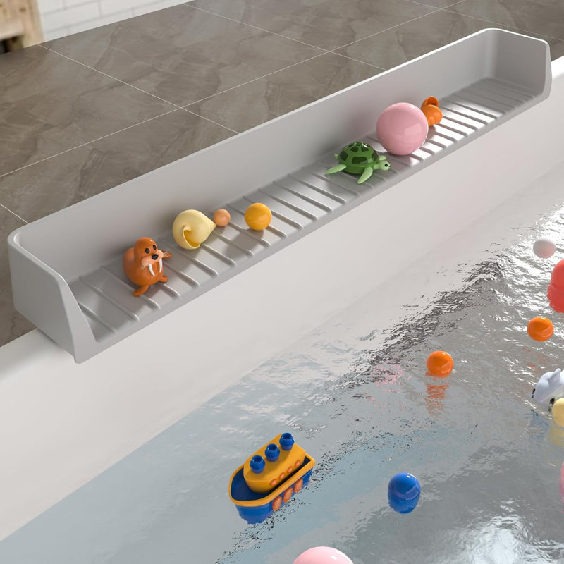Pare-éclaboussures de baignoire extra longue, pare-eau en silicone avec ventouse et tablette à jouets pour le bain des enfants, 2,6 pi, gris