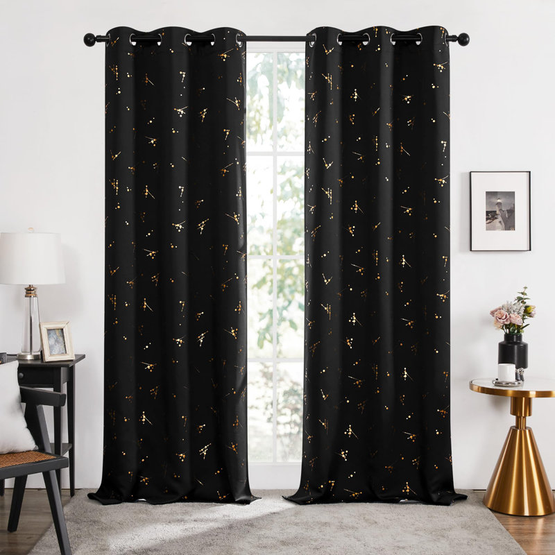 Foil Printed Constellation Pattern Blackout Grommet Curtains (Set of 4), Coral Pink, 42" W x 95" L