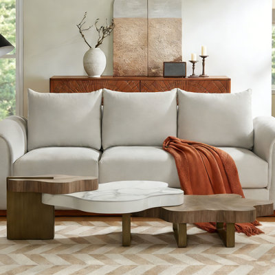 Rectangular Nesting Coffee Tables Set of 3, 63in Walnut Wooden Cloud Side Tables with Faux Marble Table Top for Living Room, office, Walnut and White