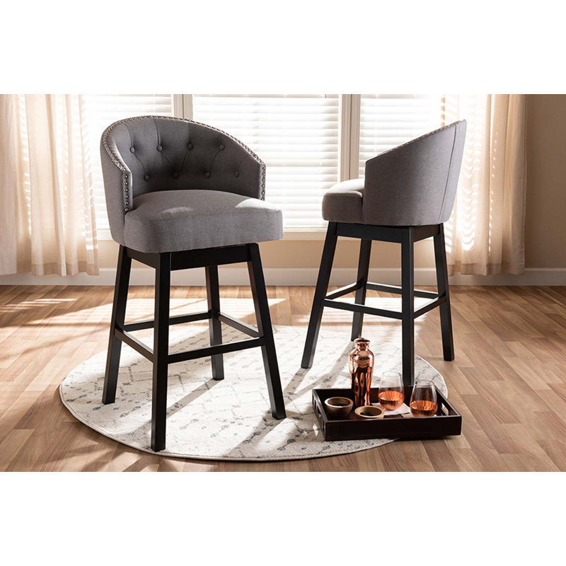 Goggans Austin Light Beige Fabric Upholstered Wood Swivel Bar Stool Set Of 2, Gray