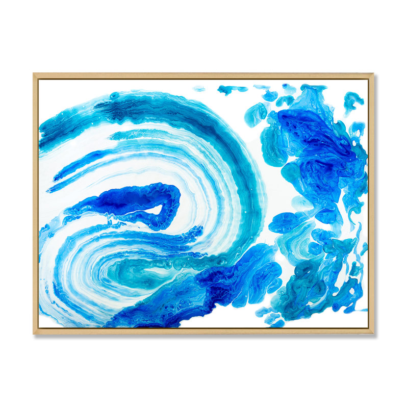 «Blue and White Ink Cloud Explosion», peinture sur toile, H 30 po x l 40 po, Cadre flottant en érable
