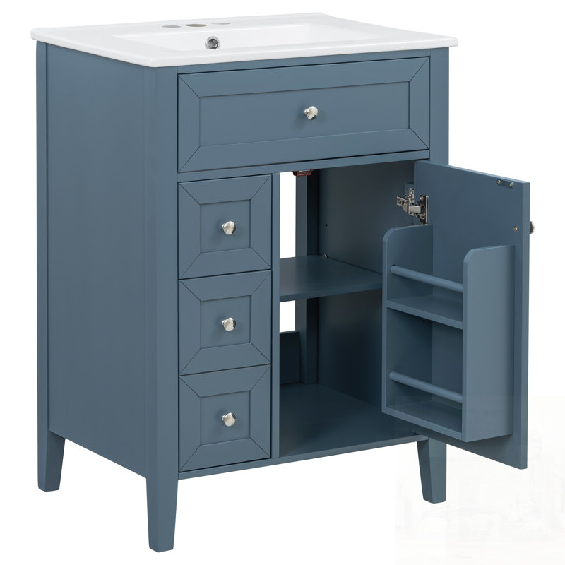 Meuble-lavabo avec lavabo en céramique, tiroirs à fermeture en douceur et support de rangement, idéal pour les salles de bain compactes