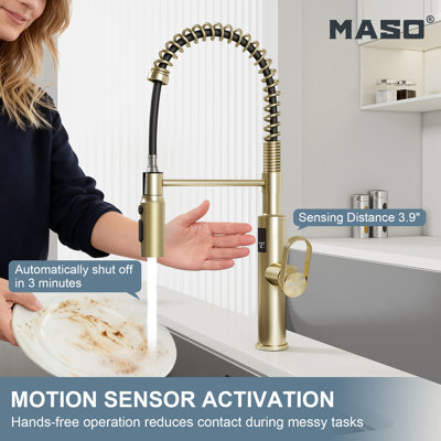 MASO Touchless Spring Kitchen Faucet with Pull-Down Sprayer, Fahrenheit Temperature Display, 3 Spray Modes, 360° Swivel, Single Handle for RV, Farmhouse, Camper, Laundry & Bar,Brushed Gold