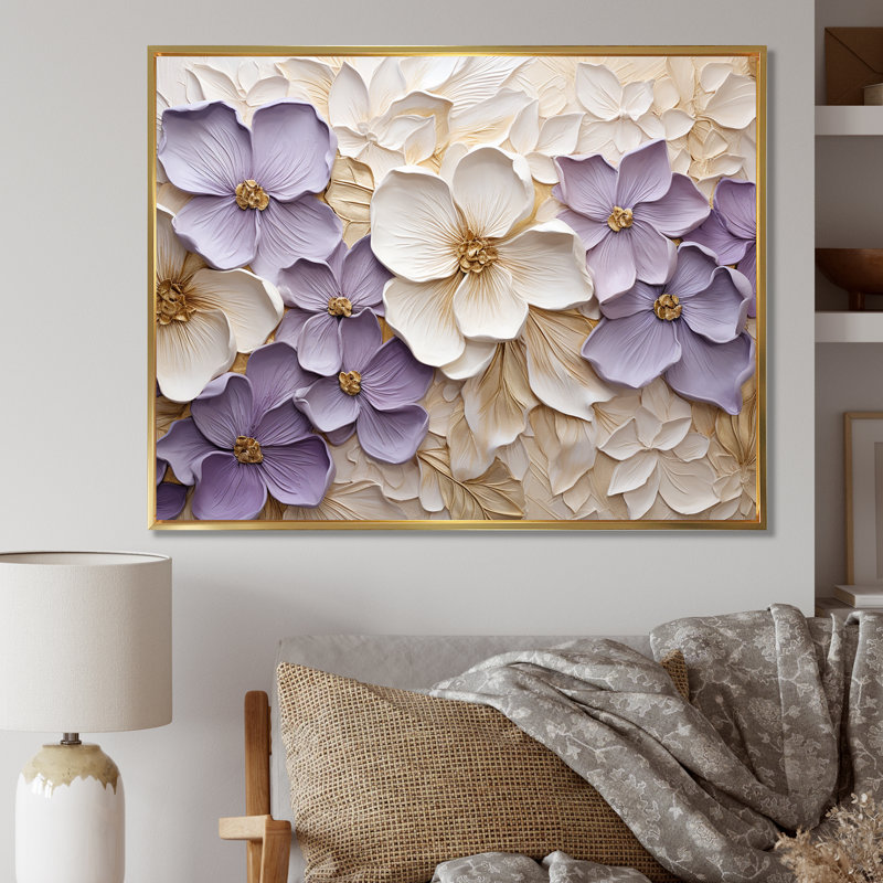 Violet et blanc, minimalisme, violettes - Violettes, impression sur toile, Reproduction avec cadre flottant, Doré