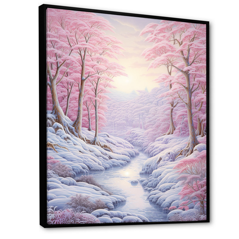 Kawaii paysage rivière d'hiver, H 44 po x l 34 po x P 1,5 po, Cadre flottant noir