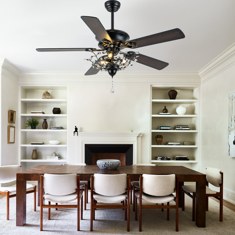 Ventilateurs de plafond 52 po en cristal moderne avec lumières et télécommande, ventilateur de plafond réversible à 5 pales à moteur à courant continu, ventilateur de lustre noir pour chambre à coucher