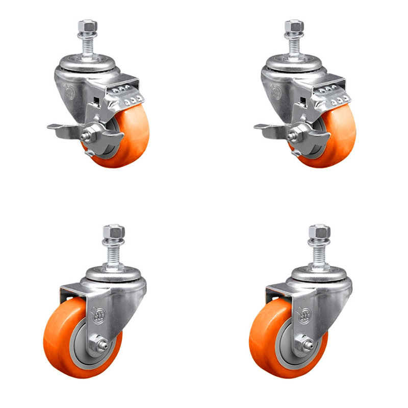 3,5 pouces_ Roue en polyuréthane pivotante ½ pouce, ensemble de roulettes à tige filetée 2 freins, Orange