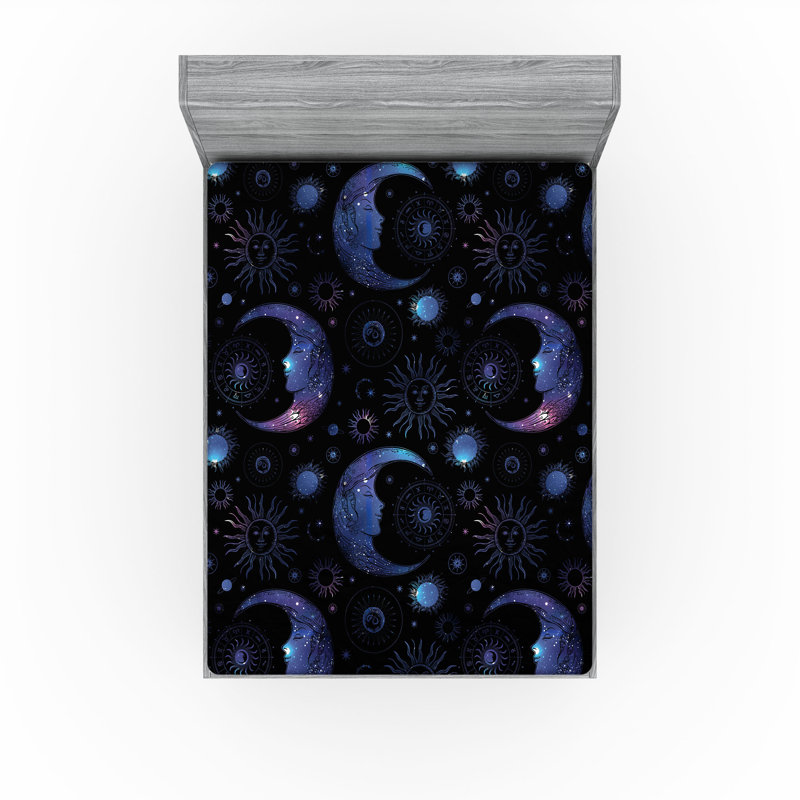 Drap-housse Ambesonne Moon motif galaxie soleil et croissant gris anthracite et rose, Drap-housse très grand californien