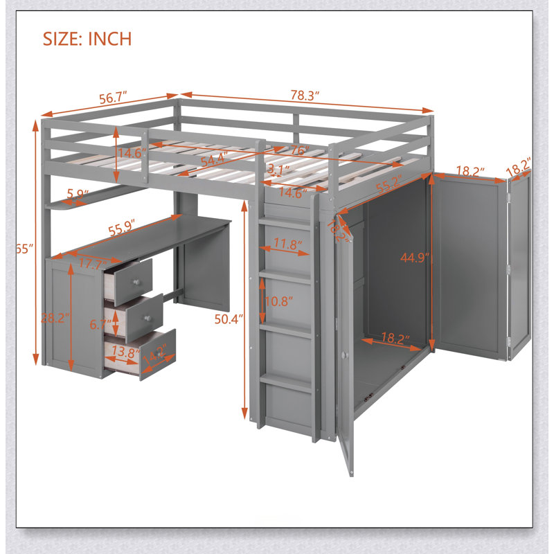 Loft Bed With Drawers,Desk,And Wardrobe, Gray