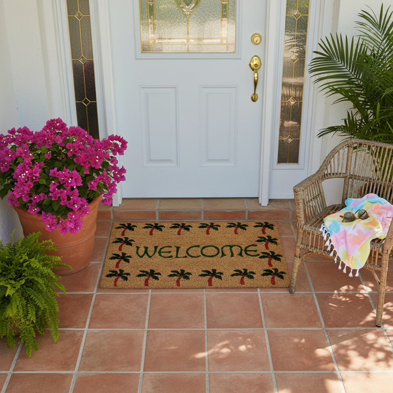 Tapis de porte d'extérieur antidérapant Alvey Palm Tree Border Welcome 29 po x 17 po