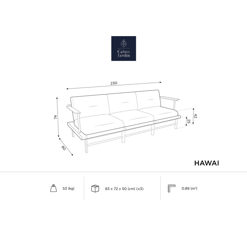 230cm Wide Metal Patio Sofa with Cushions, Dark Blue