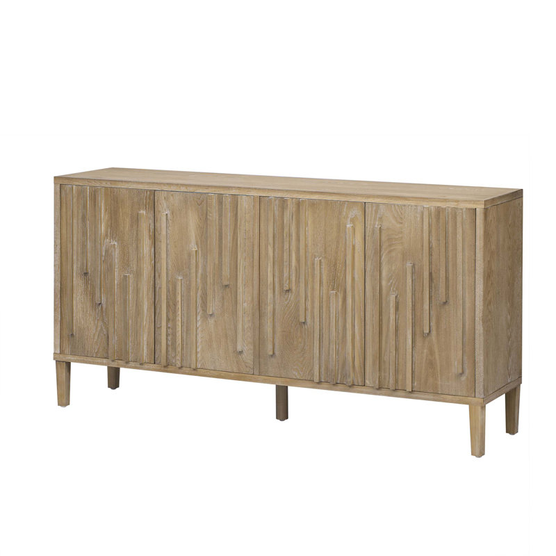 Buffet 59,8 po à 4 portes, poignée cachée, buffet en placage de frêne massif avec rangement, meuble télé Farmhouse, Naturel