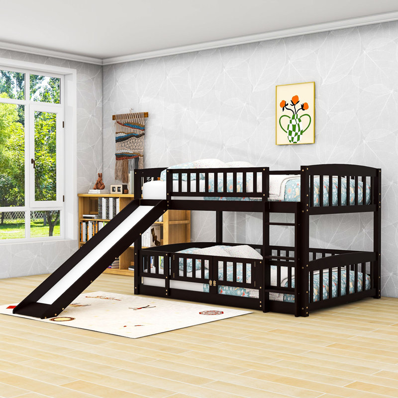 Wood Bunk Bed With Slide And Guardrails, Full over Full, Espresso