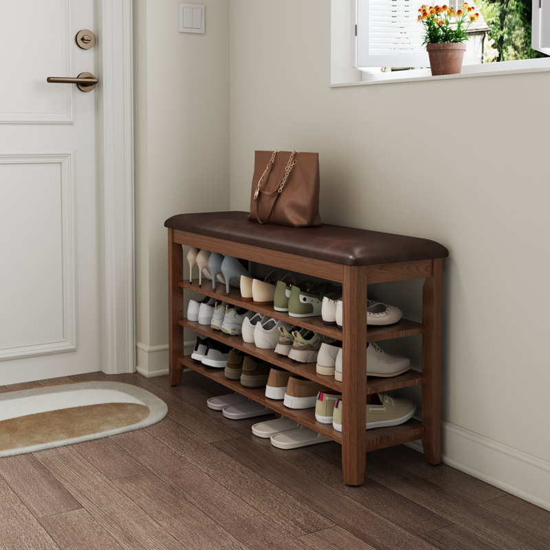 3-Tier Solid Wood Shoe Bench with Storage, Brown, 20.4" H x 39.3" W x 11.8" D