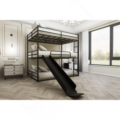 Lit mezzanine double en métal avec glissoire et échelle, noir