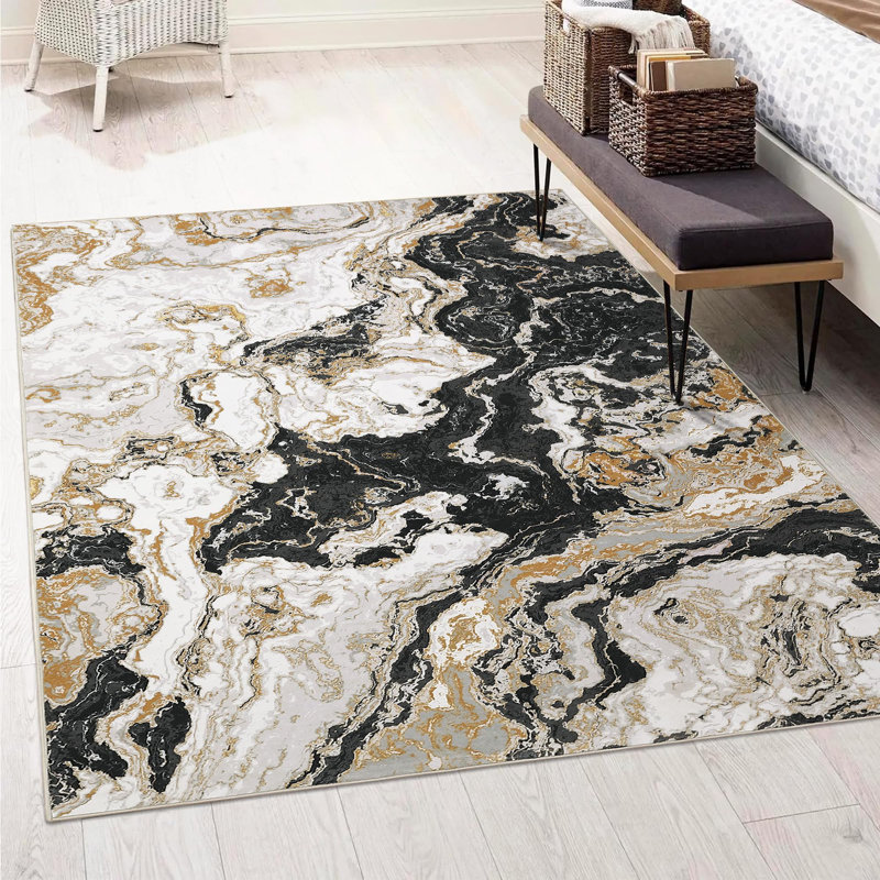 Rectangle Abstract Washable Area Rug, Black, Rectangle 120 x 170 cm