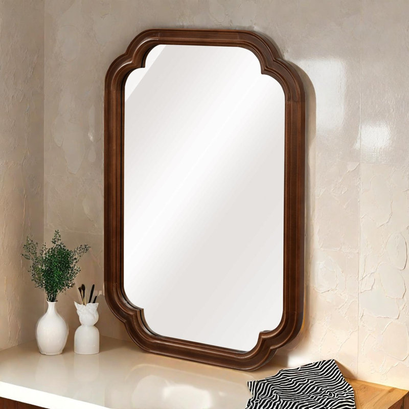 Miroir de coin arrondi en bois massif pour chambre à coucher, salle de bain, salon, entrée, Bois jaune moyen