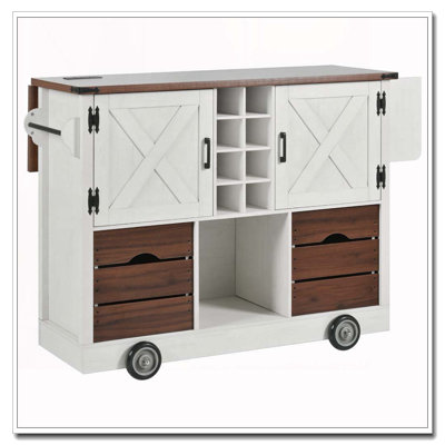 54" Farmhouse Kitchen Island With Drop Leaf, Power Outlet, Kitchen Storage Cart With 2 Doors, 2 Drawers, Rolling Kitchen Island On 4 Large Wheels With Spice Rack For Kitchen, Dining Room